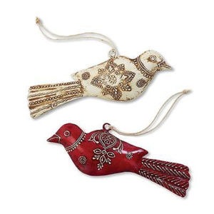 Metal Bird Ornament 2 Assorted Beige and Red NEW